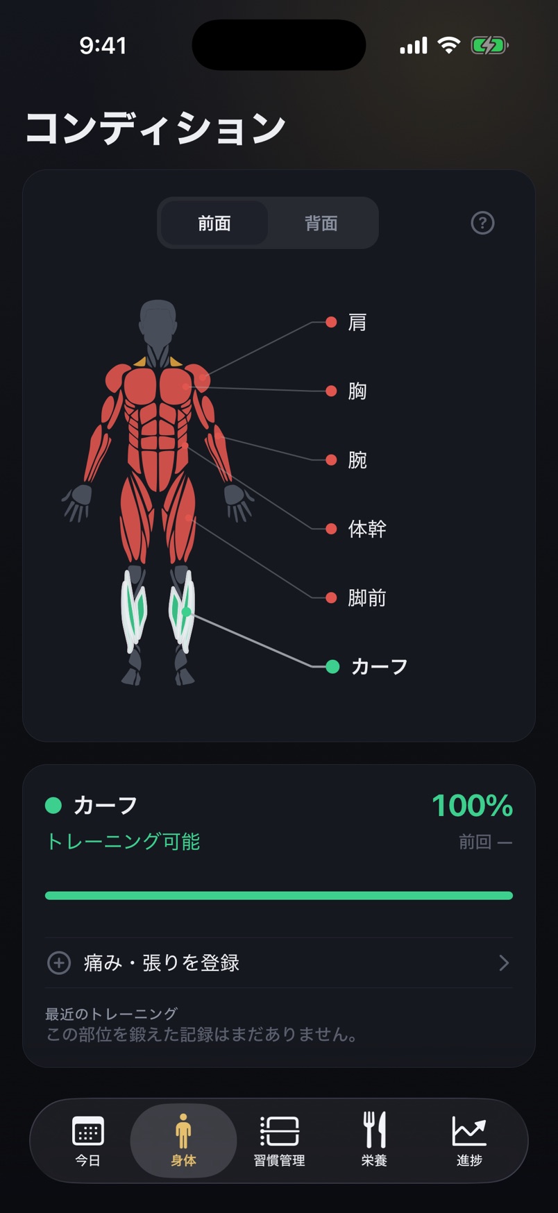 コンディション(部位ごとの回復状況)